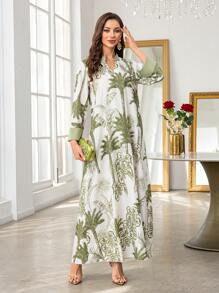 Al Najma Women's Elegant Palm Tree Print Maxi Dress, Modest Kaftan - Green - View 4
