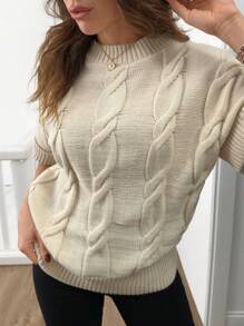 EURMUSE Women Retro Unique Design Raglan Sleeve Round Neck Rib Knit Short Sleeve Sweater, Flattering For Autumn - White - View 2