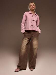 MUSERA Boxy Fit Collared Tie Bow Detail Long Sleeve Washed Denim Jacket Spring Street Style Cute Spring 90's