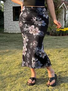 SHEIN EZwear Plus Size Women Digital Printed Floral Pattern Mermaid Hem Skirt - Multicolor - View 1