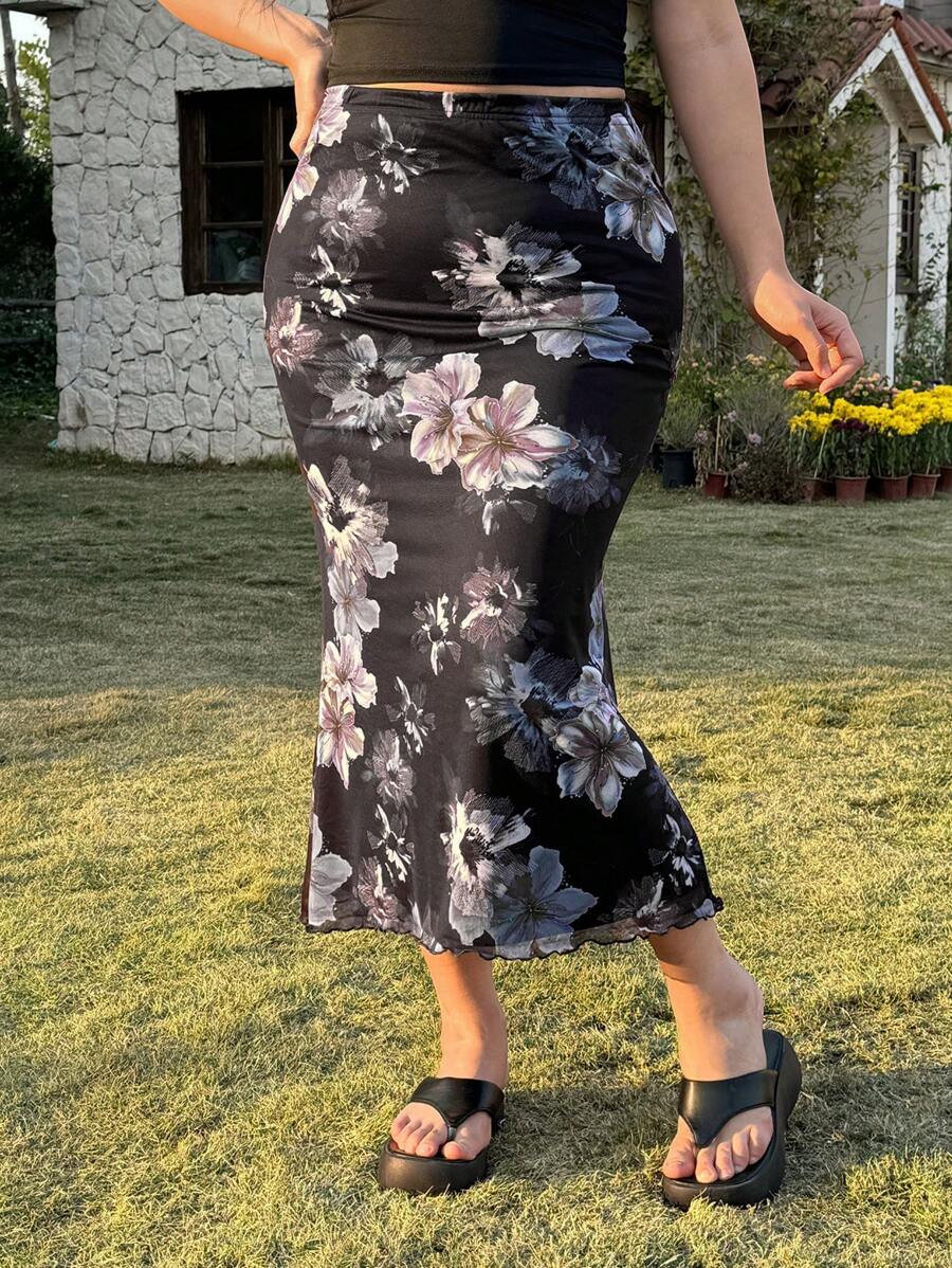 SHEIN EZwear Plus Size Women Digital Printed Floral Pattern Mermaid Hem Skirt - Multicolor - View 1