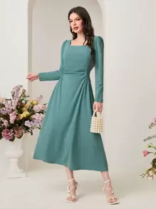 Modelyn Robe élégante à manches longues pour femmes avec col carré et taille cintrée, style vintage - Vert menthe - Voir 1