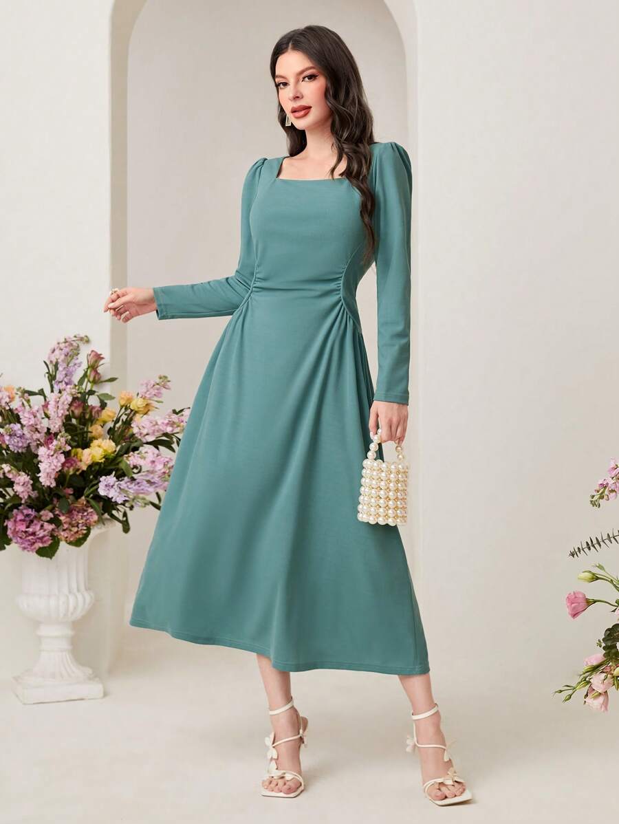Modelyn Robe élégante à manches longues pour femmes avec col carré et taille cintrée, style vintage - Vert menthe - Voir 1