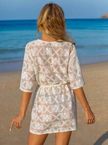 Swim Vcay 女士宽松腰部蕾丝度假优雅时尚罩衫 - 白色 - 查看 2