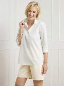 SHEIN LUNE Women's Solid Color Turndown Collar 3/4 Sleeve Casual Loose Blouse - White - View 3