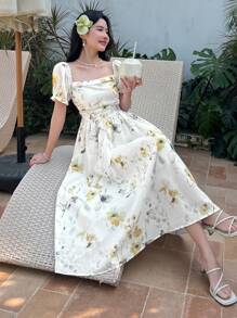 DAZY Đầm dài tay ngắn cổ vuông họa tiết hoa dành cho nữ, thích hợp cho kỳ nghỉ. - Màu vàng - Xem 3