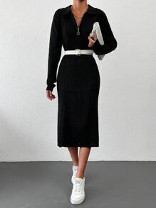 EURMUSE Quarter Zip Ribbed Knit Quarter Zip Sweater Dress - Black - View 3