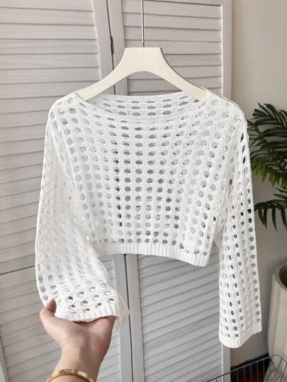 SHEIN Tween Girl Casual Minimalist Comfortable Hollow Out Fabric Bell Sleeve Cover Up