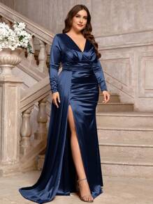 SHEIN Belle Robe de demoiselle d'honneur élégante en satin extensible avec encolure cache-cœur profondes, drapée sur le côté et fente haute pour grandes tailles
