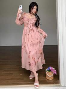 DAZY Đầm midi dáng ôm bằng chiffon in họa tiết hoa hồng, thắt eo xoắn, có bèo nhún, thích hợp cho nữ, kiểu dáng mùa thu, tay dài, trang phục đi nghỉ mát, lễ Phục sinh. - Hồng - Xem 9