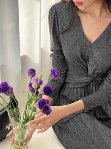 DAZY Deep V-Neck Metallic Long Bodycon Dress,Fall Clothes Long Sleeve Dress Luxury Prom Dress