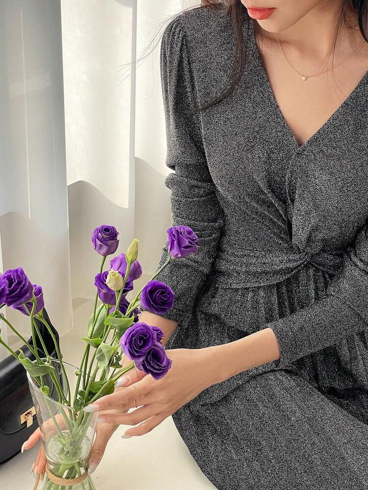 Deep V-Neck Metallic Long Bodycon Dress,Fall Clothes Long Sleeve Dress Luxury Prom Dress Maxi Dress