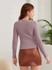 SHEIN Leap Crew Teen Girls Button Front Rib-knit Tee - Dusty Pink - View 2