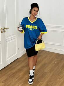 SHEIN EZwear Plus Size Summer Jersey Top, Loose Fit Sports Colorblock Letter Print T-Shirt