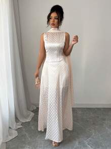 Elenzga Women's Elegant Charming Party Dress With Satin Polka Dot Embroidery, Sleeveless, Cinched Waist, A-Line Hem, Scarf Collar, Solid Color Maxi Dress - Apricot - View 1