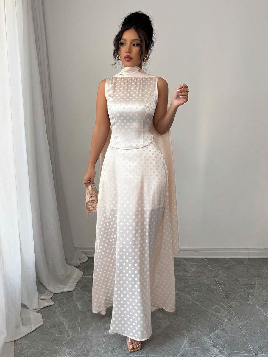 Elenzga Women's Elegant Charming Party Dress With Satin Polka Dot Embroidery, Sleeveless, Cinched Waist, A-Line Hem, Scarf Collar, Solid Color Maxi Dress - Apricot - View 1