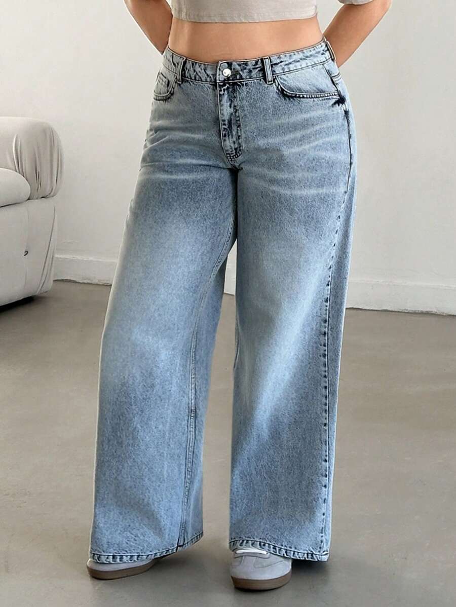 RueChic Plus High Waist Patch Detailed Wideleg Jean - Medium Wash - View 1