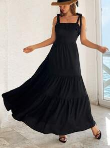 EURMUSE Women's Solid Ruffle Detailed Maxi Dress - Black - View 1