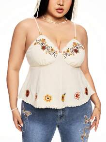 ROMWE Fairycore Retro Casual Vacation Floral Embroidery Beaded Strap Loose Hem Women Tank Top - Beige - View 10