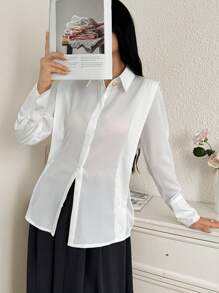 Mulvari Casual Versatile Solid Color Collared Long Sleeve Shirt For Women - White - View 4