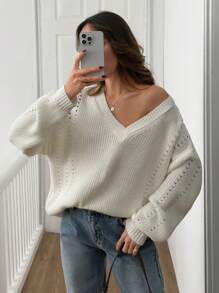 EURMUSE Áo len chui đầu cổ chữ V giản dị dành cho nữ, dáng rộng, phong cách Hàn Quốc mới, mềm mại & ấm áp, áo dệt kim dài tay, mùa thu/đông - trắng - Xem 1