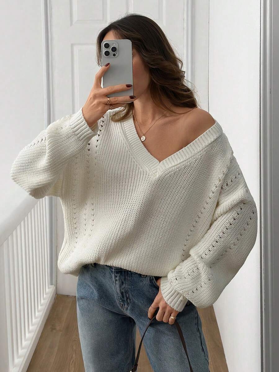 EURMUSE Áo len chui đầu cổ chữ V giản dị dành cho nữ, dáng rộng, phong cách Hàn Quốc mới, mềm mại & ấm áp, áo dệt kim dài tay, mùa thu/đông - trắng - Xem 1