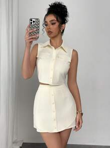 Chiquease 2pcs/Set: Collared Single-Breasted Vest And Mini Skirt - Apricot - View 1