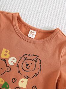 Cozy Pixies Set de 2 piezas para bebé niño: Top de manga corta de cuello redondo suave con estampado de oso de dibujos animados y peto corto tipo tirantes