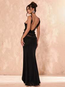 SHEIN BAE Vestido elegante de unicolor para mujer con volantes y espalda descubierta - Negro - Ver 1