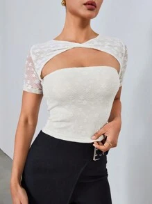 SHEIN Unity 女士纯色拼布纹理蕾丝设计休闲百搭短袖 T 恤 - 白色 - 查看 6