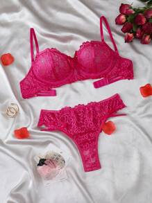 2 件迷人、性感、优雅半罩杯内衣文胸和内裤套装 - 花卉蕾丝、镂空、蝴蝶结设计女士内衣套装，适合情人节