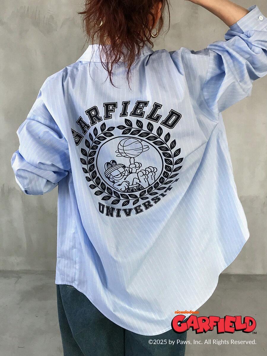 Garfield X FRIFUL Women Striped Loose Collaboration Backprint Long Sleeve Shirt, Women's Summer Outerwear Top - Blue - View 1