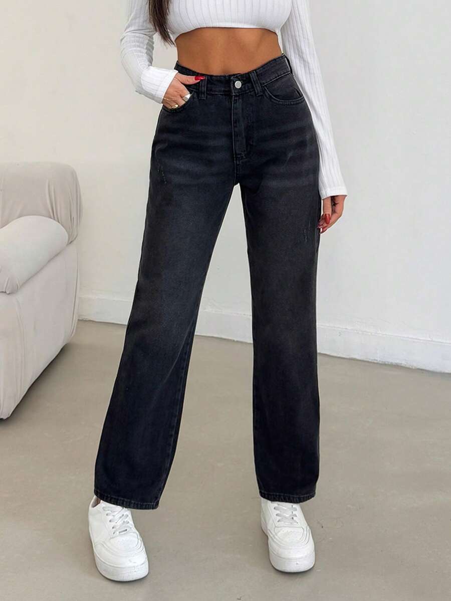 EURMUSE High Waist Casual Washed Straight Leg Jeans - Black - View 1