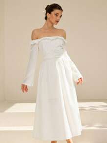 Aveloria Rosie Vestido de manga larga con diseño de volantes, hombros descubiertos, cintura fruncida y falda acampanada, en textura de satén blanco, de estilo retro francés elegante y romántico, adecuado para la temporada de bodas