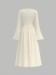 SHEIN MOD 法式复古优雅深蕾丝边连衣裙、情人节连衣裙、春季女装、波西米亚风女装、茶会连衣裙、奶油色连衣裙、度假连衣裙 - 杏色 - 查看 2