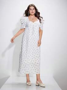 SHEIN MOD Kleid mit Blumenprint in Retro-Stil, Schleife und Ballonärmeln, Große Größen - Verschiedenfarbig - Übersicht 5