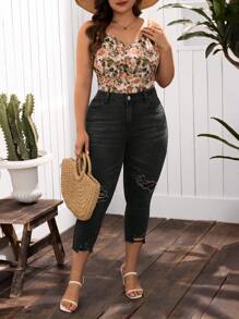 EMERY ROSE 大码女式口袋装饰破洞紧身休闲七分牛仔裤 - 黑色 - 查看 4