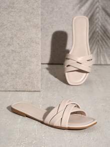 SHUZIA 時尚戶外平底拖鞋適用於女士交叉素色人造皮革露趾涼拖