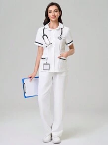 TaskEZ Scrub Uniform Top, Minimalist & Fashion, Casual Everyday Wear - White - View 7