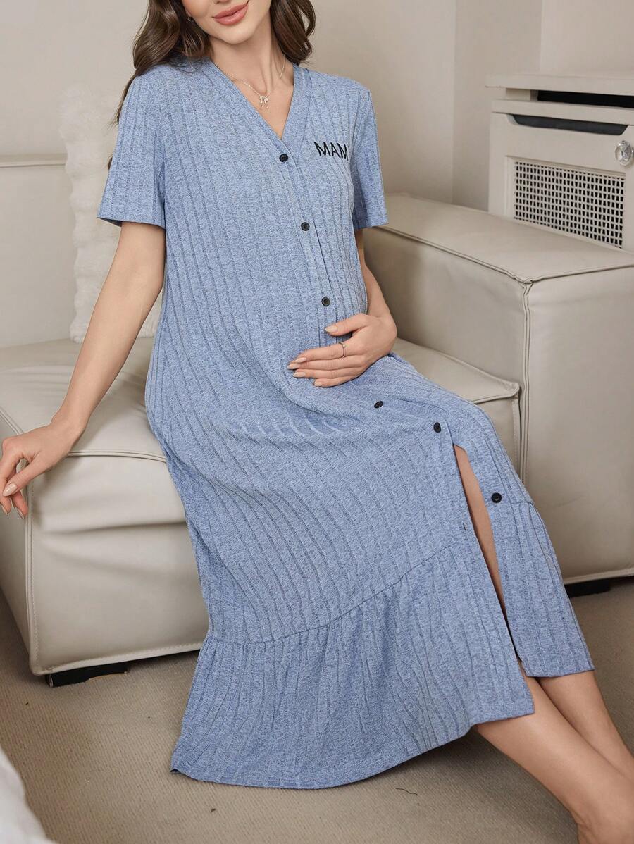 Casual V-Neck Single-Breasted Embroidered Letter Maternity Short Sleeve Loungewear Dress - Dusty Blue - View 1