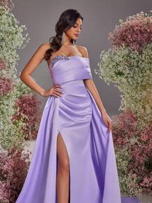 Glamrae Spring And Summer Elegant, Gorgeous And Romantic Lavender Asymmetric Off The Shoulder Pleated Luxury Rhinestone Splicing Mermaid Slit Hem Splicing Oversized Floating Pieces Wedding Guest Dress, Suitable For Dinner Bachelor Party Lovers Date Vacation Back To School Season Prom Wedding Season Evening Dress, Formal Dress,Gown