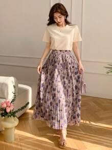 DAZY 2pcs/Set Women Floral Full Print Short Sleeve Top And Pleated Skirt