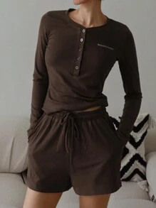 DAZY Women Letter Print Decorated Half Button Fitted Top And Shorts, Casual Sleepwear Lounge Set, Cozy Outfits, Fall Winter Clothes Pajama - Coffee Brown - View 6