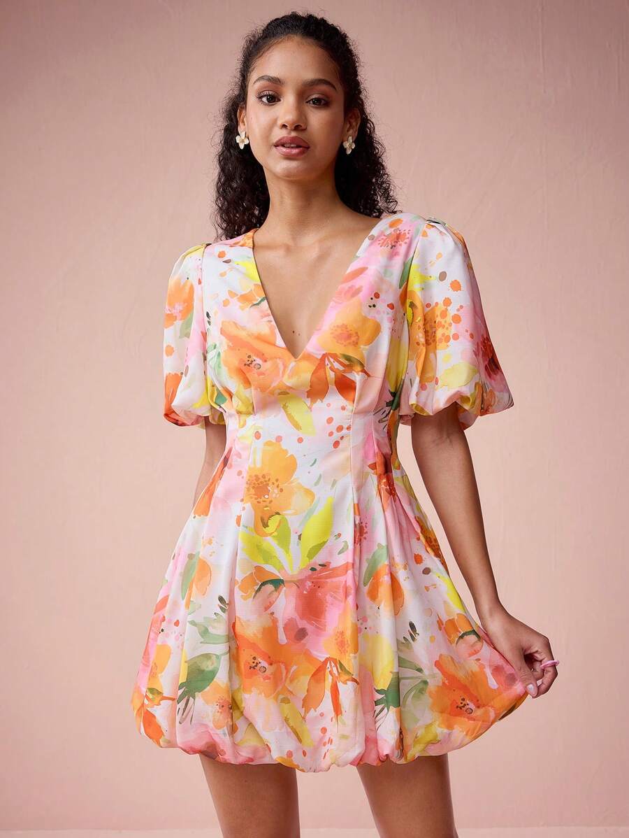 Enchnt Vestidos cortos de mujer con estampado floral, escote en V, mangas abultadas e imitación de lino, románticos y elegantes para el Día de San Valentín, vacaciones, citas dulces y uso diario - Naranja - Ver 1
