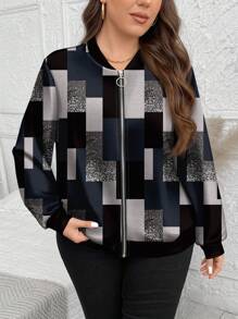 SHEIN LUNE Plus Size Black And White Checkered Jacket: Chic Geometric Print Bomber For Women Fall Clothes Winter Clothes Autumn