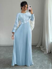 Rafferiza 女士优雅褶皱网眼长裙，秋冬长款女装 - 淺色水洗藍 - 查看 7
