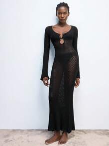 Maija Valentine's Day Ladies Spring And Summer New Style Black Crocheted Hollow Sexy Waist Tight Metal Buckle Elegant Modern Urban Daily Casual Long Dress Suitable For Going Out Festival Party Date Outfit Party Wedding Music Festival 90s Women's Clothing Bohemian Old Money - Black - View 6