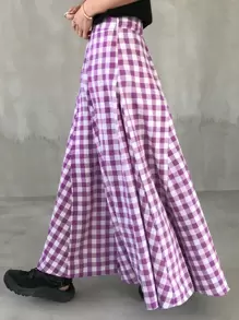 FRIFUL 女士紫色高腰A字格子半身裙，夏季连衣裙 - 紫色 - 查看 6