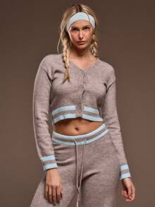 MUSERA Knit Open V-Neck Button Down Contrast Trim Cropped Cardigan Only Spring Summer Cute Airport Chic - Light Grey - View 1