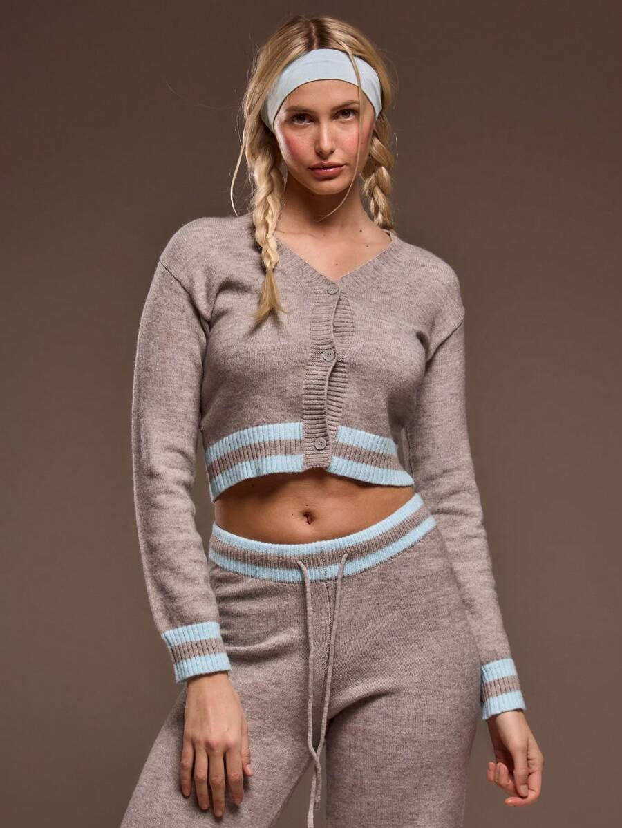 MUSERA Knit Open V-Neck Button Down Contrast Trim Cropped Cardigan Only Spring Summer Cute Airport Chic - Light Grey - View 1